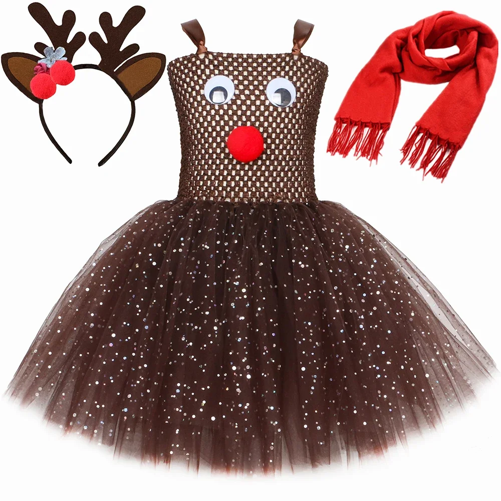 Rudolph Red Nosed Reindeer Costume for Girls Christmas Tutu Dress Glitter Brown Deer Princess Dress Baby Kids Xmas Party Clothes