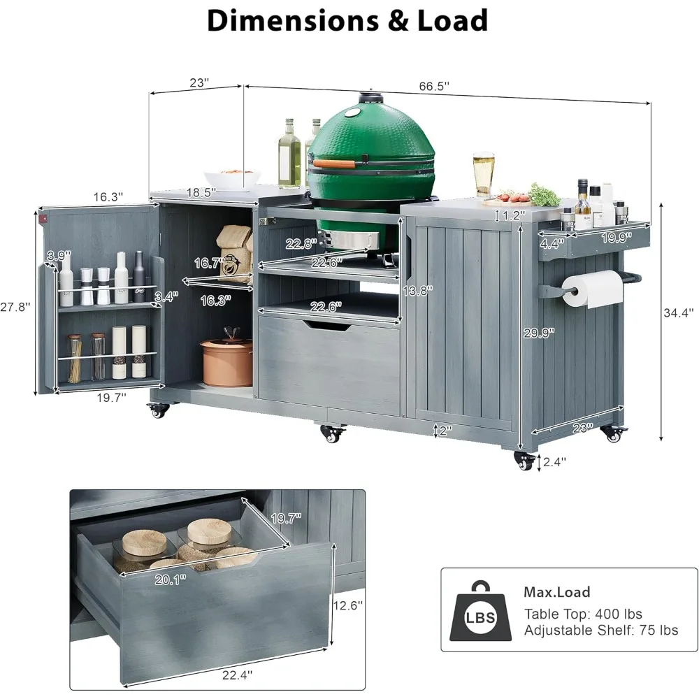 Buitenkeukeneiland voor grote groene eiergrills, 66,5 inch massief houten buitengrilltafel met roestvrijstalen blad, rollende keuken