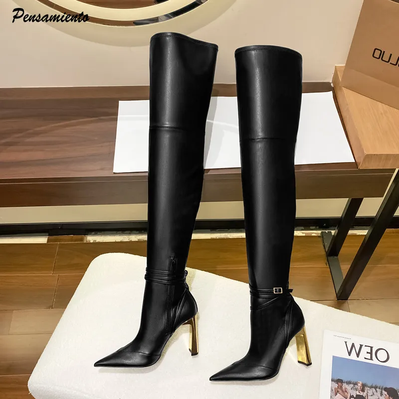 Fashion Autumn Winter Soft Leather Stretch Women Thigh high Boots Elegant Pointed toe High heels Over the knee Boots Party Shoes