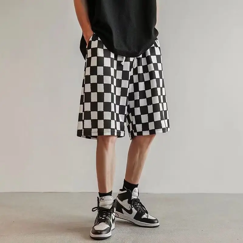 Checkerboard Casual Men Summer Thin American Retro Sports Straight Five-point Pants