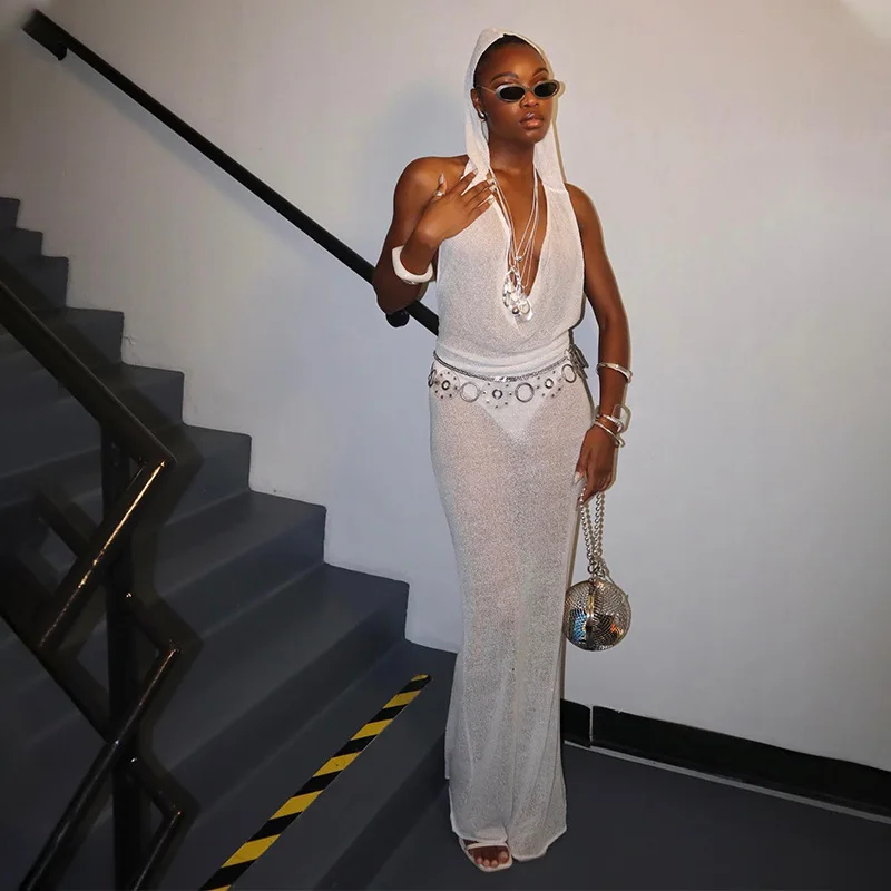 Robe Maxi transparente à capuche pour femmes, Sexy, attrayante, dos nu, col oscillant, façonnant le corps, vacances, nouveau Coeuqtte moulante