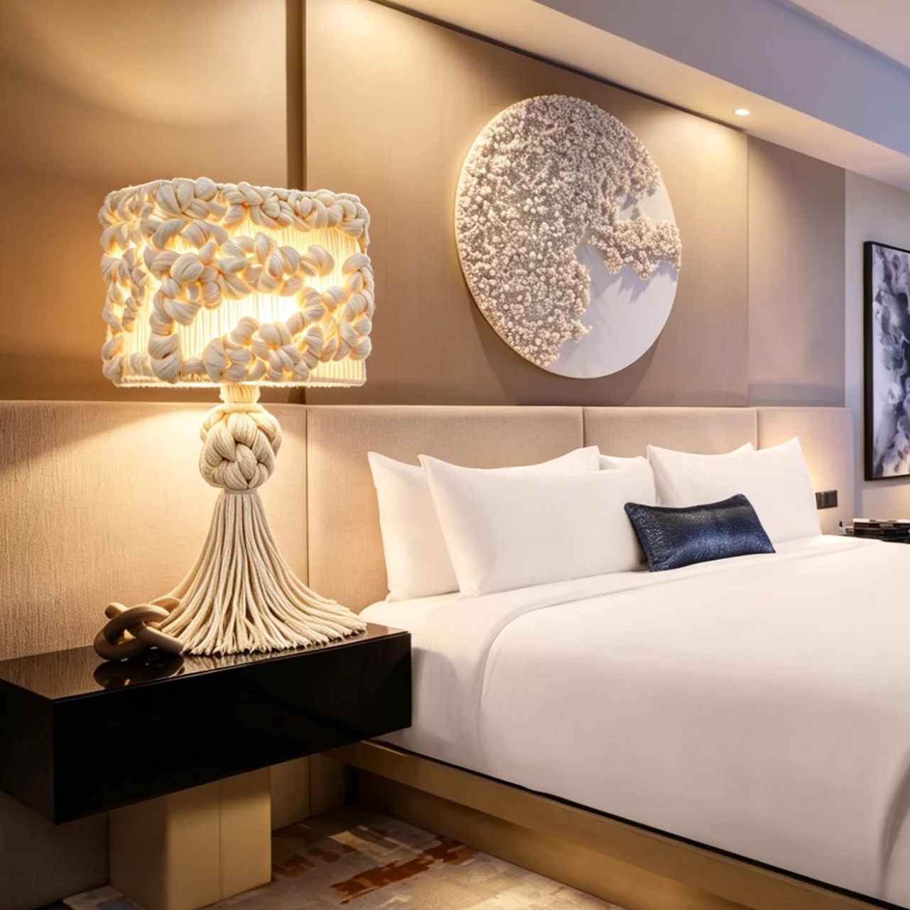 Luxury Artisanal Macrame Table Lamp Beige Cotton Rope Decorative Accent Light For Home Hotel & Interior Design
