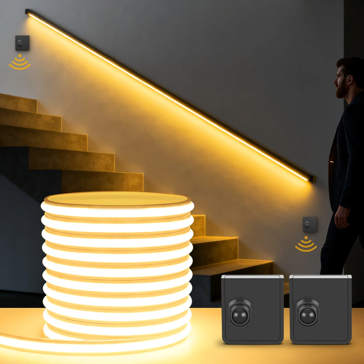 DC 24V Festes Silikon-Neonlicht COB LED-Streifen Wasserdicht mit Dualem PIR-Bewegungssensor-Schalter für Kleiderschrank, Küche, Treppendekoration