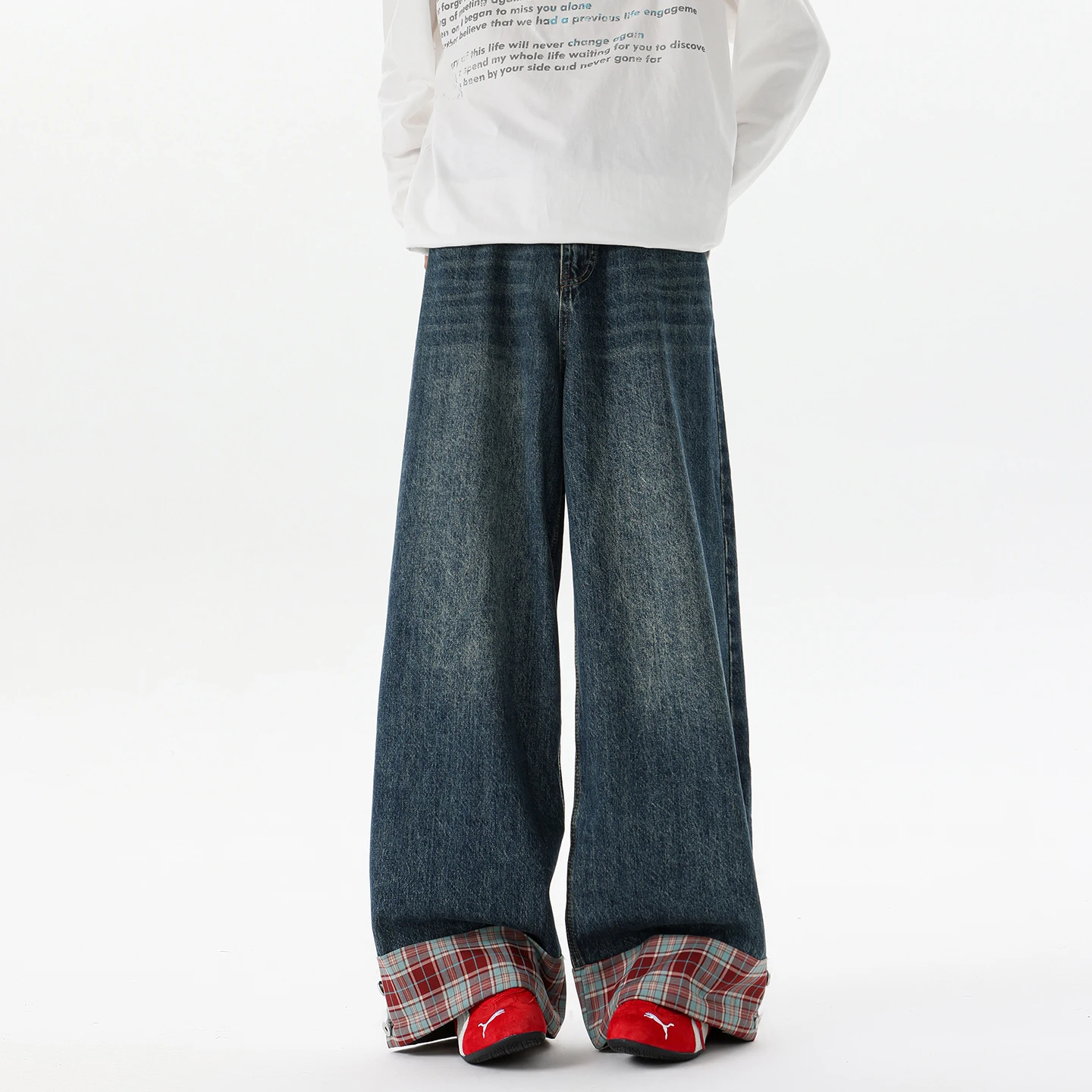 

Retro American Waed Plaid Straight Leg Men's Jeans Casual Wide Leg Pants Splicing Design Spring Autumn Cotton Polyester Blend