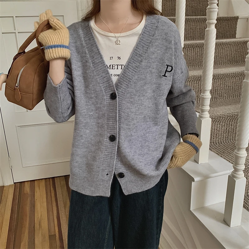 

V-neck Knitted Cardigan Women Fall Winter Thickening Korean Loose Long Sleeve Sweater Coat 6 Colors