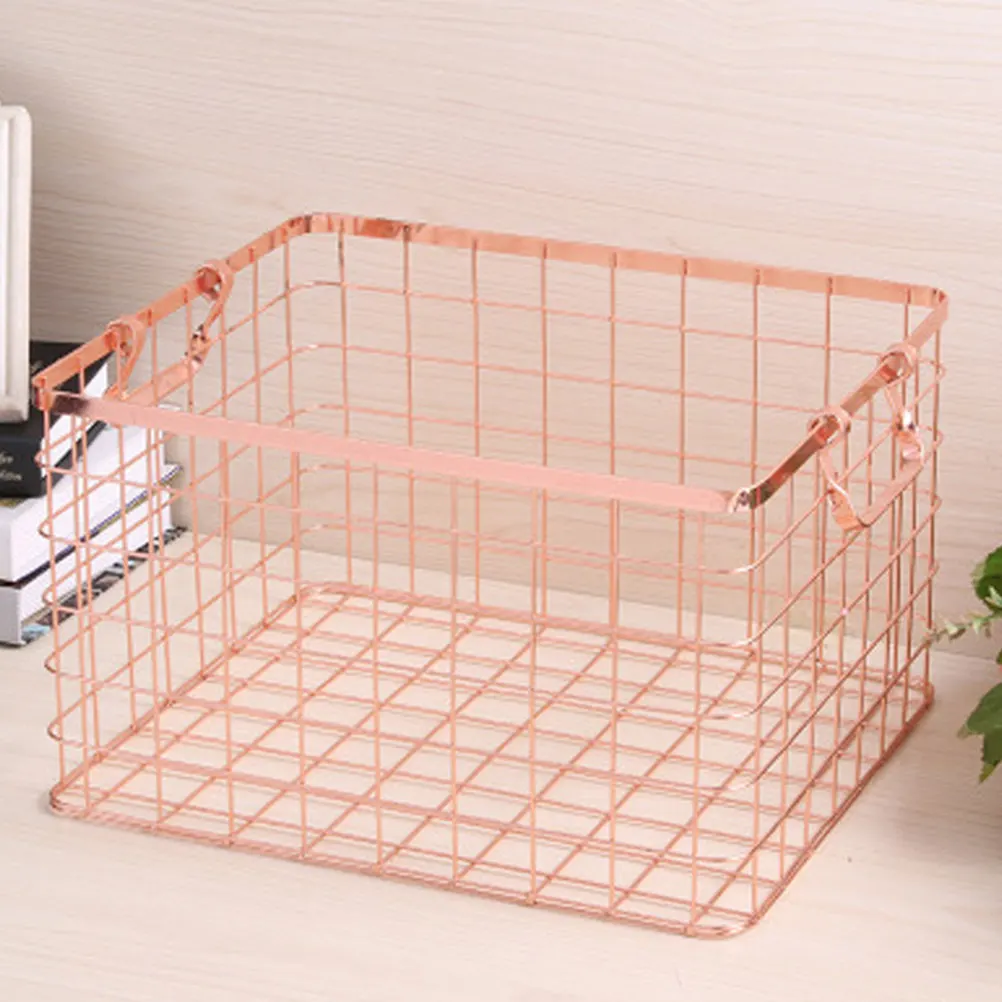 1Pcs Retro Style Iron Storage Basket Rose Gold Metal Wire Basket for Towels Cosmetics Snacks Seasoning Bottles Desktop