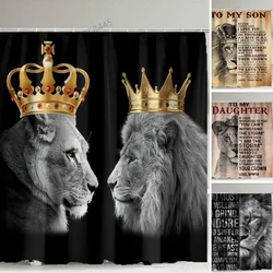Black Grey Crown Lion The King Queen Shower Curtain Retro Text for Children Daughter Son Bath Curtain Modern Bathroom Curtain