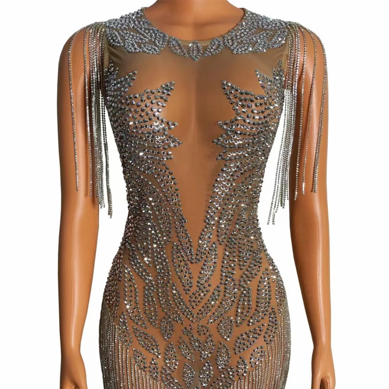 Kostium do jazzu dla grupy kobiet, seksowna sukienka z siateczki, zdobiona cyrkoniami i frędzlami, sukienka na imprezę do baru, klubu nocnego, kostium do tańca jazzowego na scenę XS10428