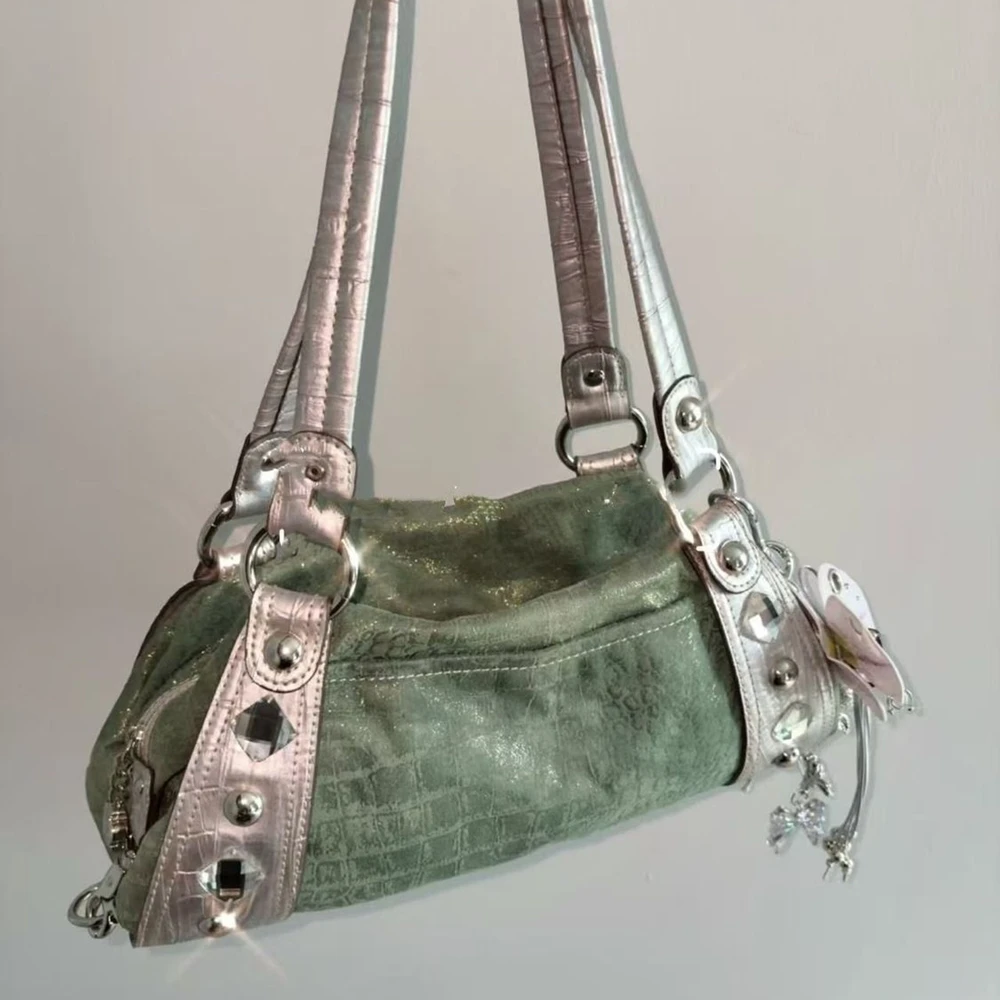 Y2k Punk Style Shoulder Bag Vintage Patchwork Large-capacity Underarm Bag Rivet Diamond Decor Women's Fashion Commuter Handbag
