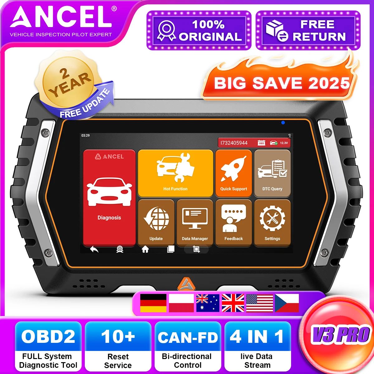 OBD2 Scanner Diagnostic Tool ANCEL V3 Pro FULL System Bidirectional CAN-FD ABS EPB TPMS OIL Reset OBDII Scan Tools Free Update