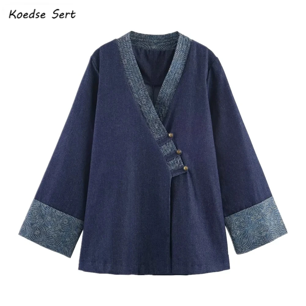 

2025 Autumn Deep Blue Contrast Color Kimono Denim Coat Women Ethnic Cross V neck Front Buttons Loose Jacket Outerwear