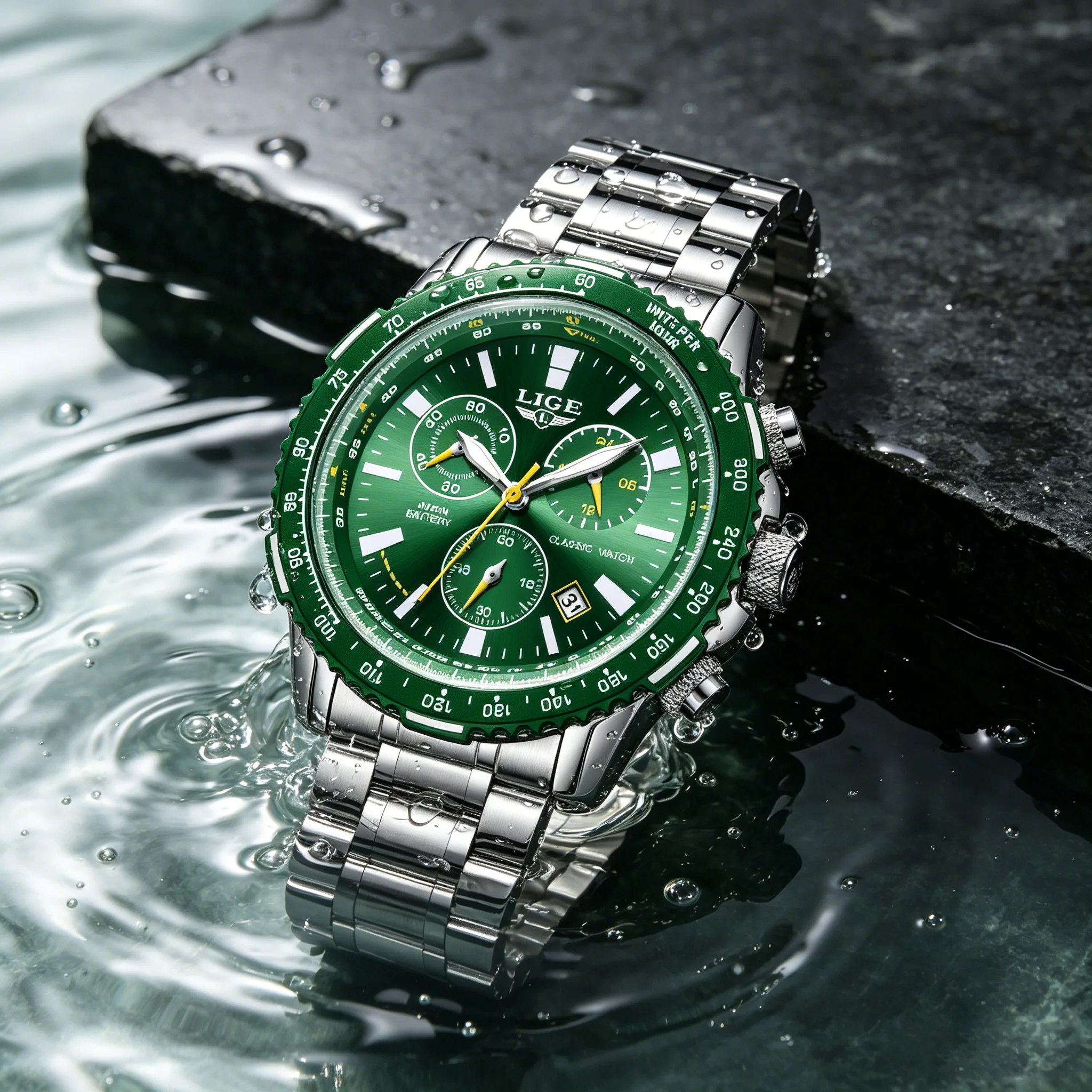 LIGE Big Dial Man Wristwatch Alloy Strap Quartz Watch for Man Luminous Waterproof Chronograph Watch Men Japan Battery Clock