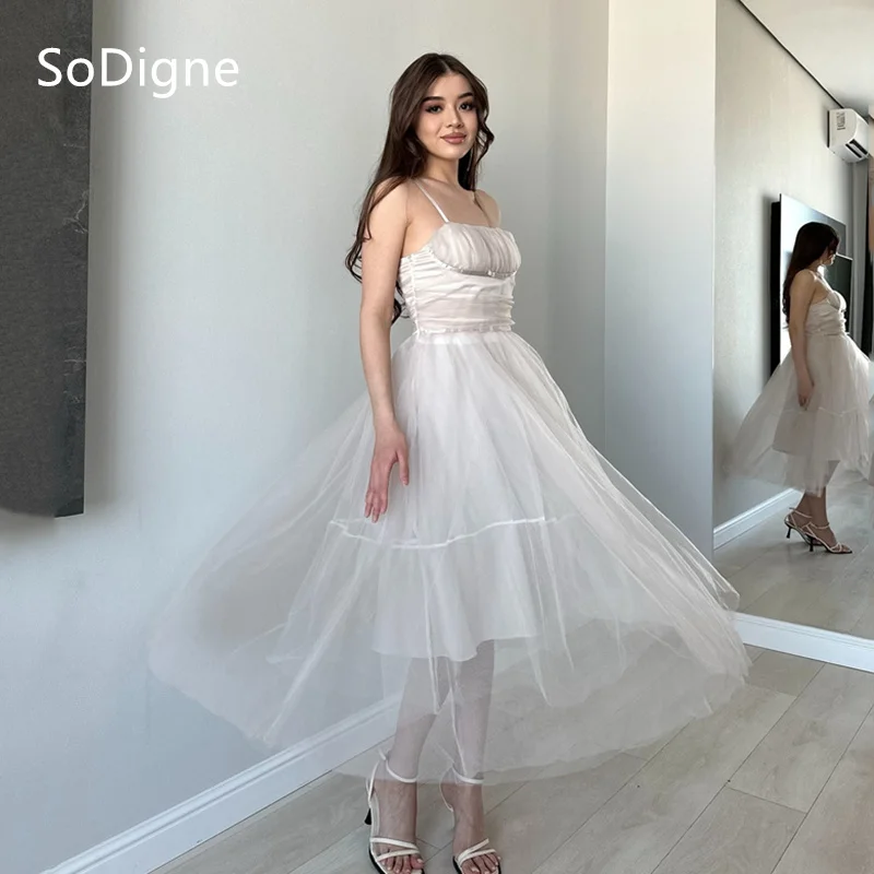 SoDigne A-Line Tulle Evening Dresses  Spaghetti Strap Pleated Strapless Lace Up Party Dress Mid-Calf Prom Gowns Customized