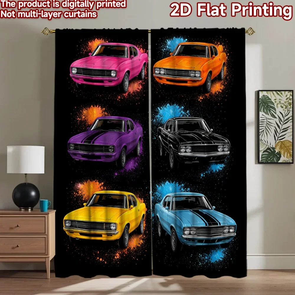 Decorative Vintage Car Curtains 2pcs Pair Muscle Auto Garage Print Curtains Panels for Living Room Home Decor Window Treatment