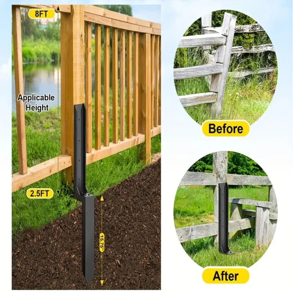 1/2 sets Heavy-Duty Steel Fence Post Repair Kit with Ground Anchors - Black, Ideal for Wooden & Metal Fences,Column Repair Kit