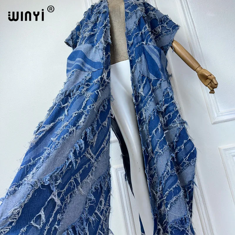 WINYI Kimono Sleeveless denim long down pocket Women coat elegant Party Holiday beach Cover Up fashion maxi dress