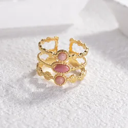 Stainless Steel Rings for Women Pink Stone 3 Layers Wedding Ring Open Size Couple Ring Jewelry Vintage Accessories Wholesale