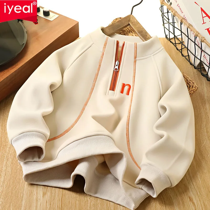 IYEAL Boys' Sweatshirt For Autumn And Winter 2025 Half Zipper Thick Fleece Children's Warm Jacket Long Sleeved Pullover