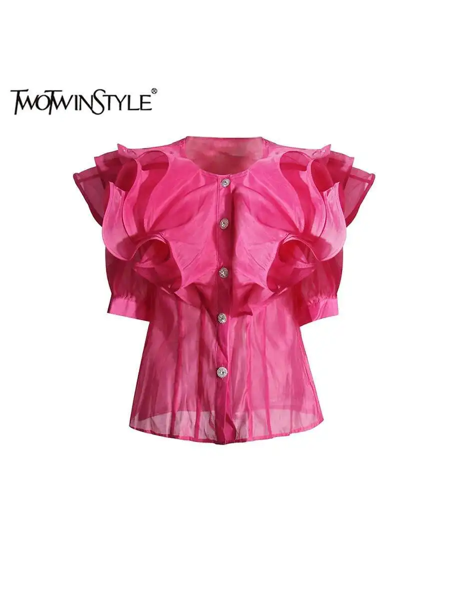 

TWOTWINSTYLE Solid Spliced Ruffles Shirts For Women O Neck Half Sleeve Patchwork Single Breasted Casual Blouse Female Fashion