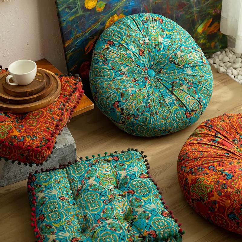 

Bohemian Style Cushion Thickened Floor Lazy Seat Cushion Retro Moroccan Bay Window Tatami Mat Cotton and Linen Cushion Round