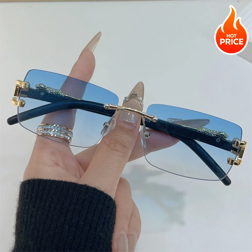 

Trendy Leopard Decor Rectangular Sunglasses Metal Frame Cut-Edge Rimless Shades UV400 Protection Sun Glasses for Women & Men
