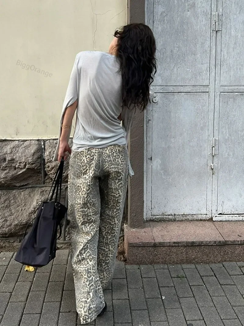 Jeans com lavagem leopardo americano feminino, calça jeans de cintura alta, retrô Y2K, casual e solta, estilo coreano, sexy girl, reto