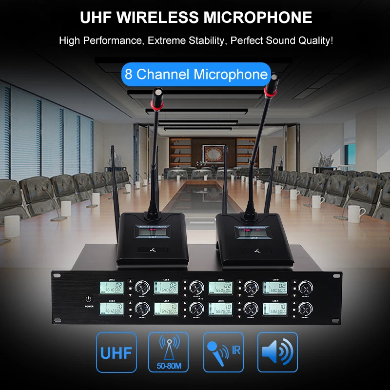 2Pcs 8 Channel UHF Wireless Mic System with Antenna Distributor