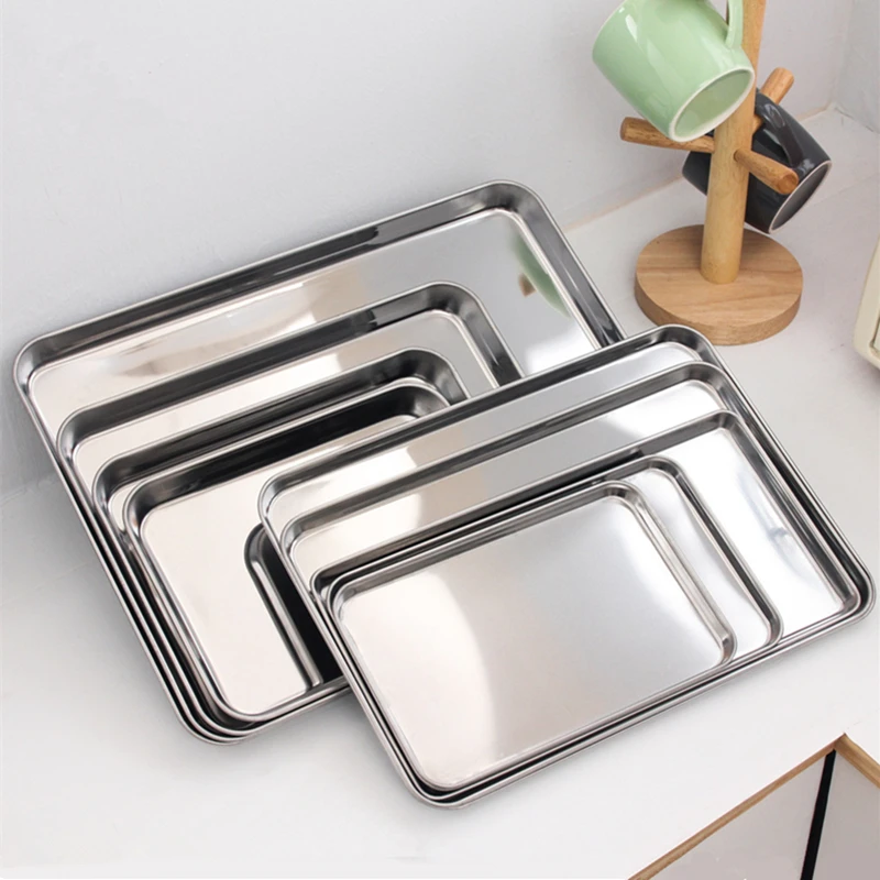 Bandejas rectangulares de acero inoxidable para almacenamiento de alimentos, salchichas, fideos, plato de fruta, pastelería, platos para hornear para restaurante, Hotel, cocina