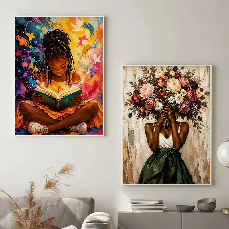 Colorful Afro Pop Art Black Woman Cooking in Kitchen Reading Vinyl Record Poster Canvas Painting Wall Pictures Home Decor