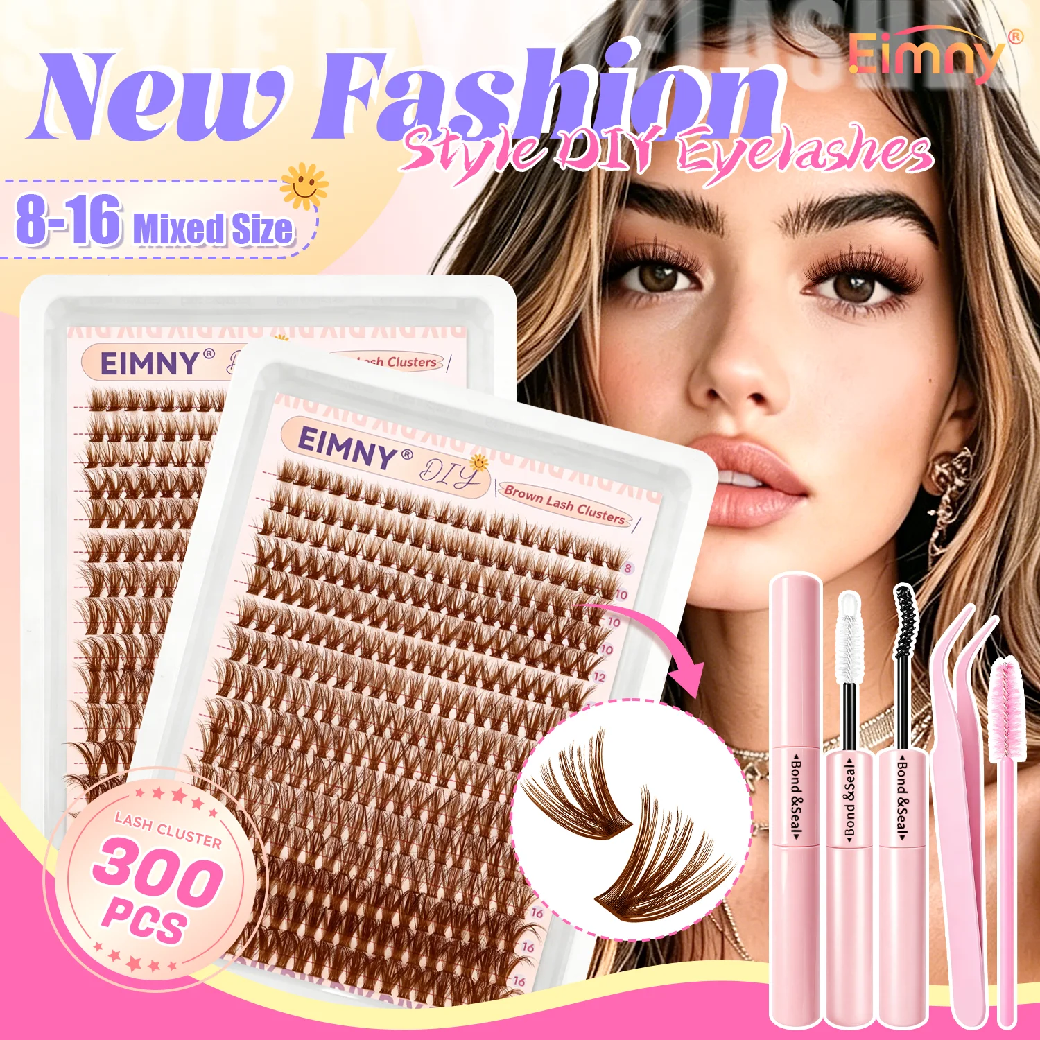 EIMNY 300-teiliges braunes Wimpern-Cluster-Set, warme braune Wimpern passen perfekt zu hellbraunen Haartönen, lang und für Anfänger geeignet – Detail 1