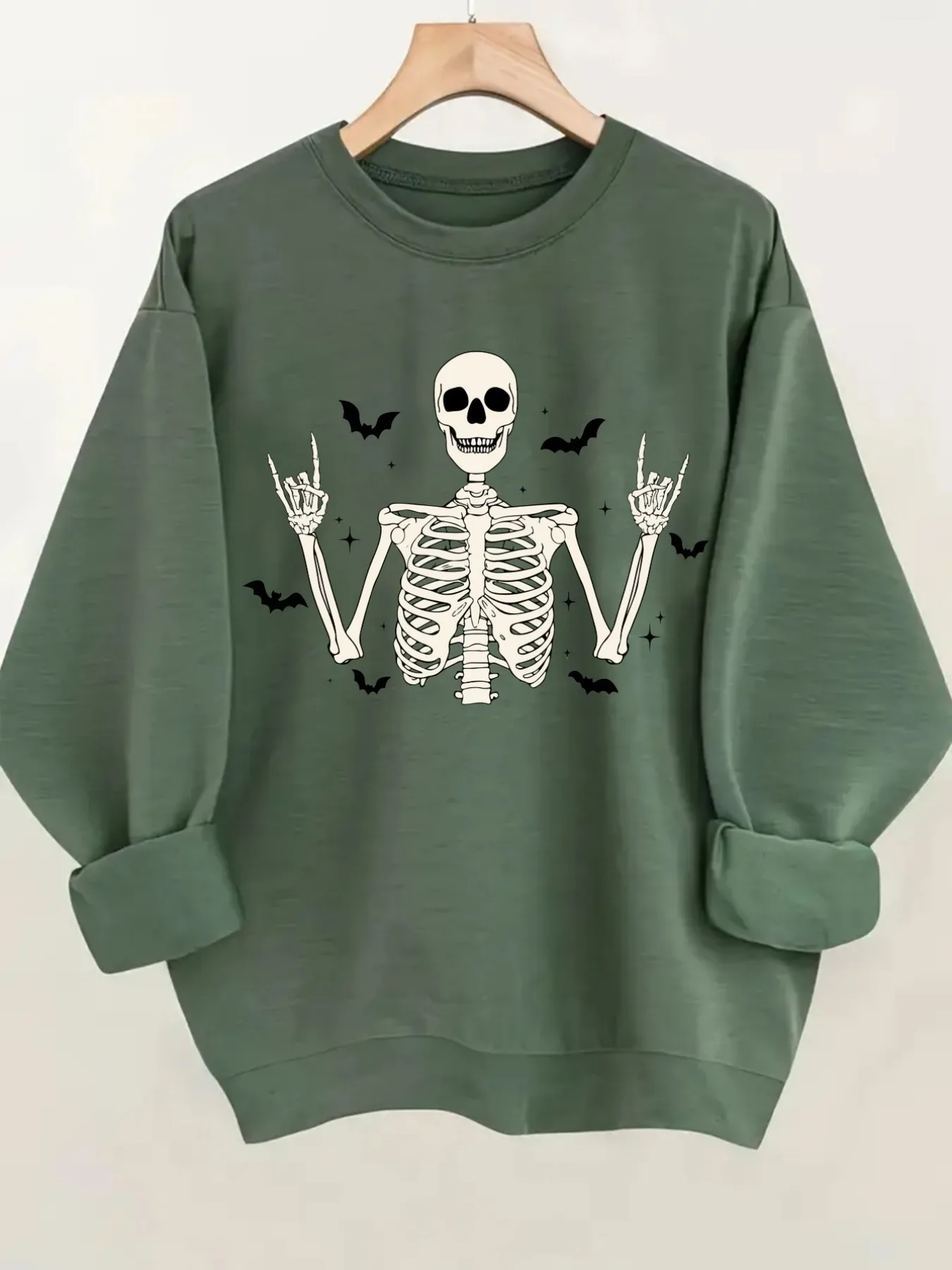 Women's Crew Neck Pullover Sweatshirt Skeleton Rock Bats Design, Soft Casual Long Sleeve, Daily Casual Top Outfit, Winter Women's Clothing, Halloween Costume Outfit
