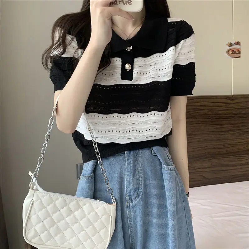 French Style Summer Women Short Sleeve T Shirt Polo-Neck Chic Hollow Out Striped Urbane Casual Crop Top Women Clothes