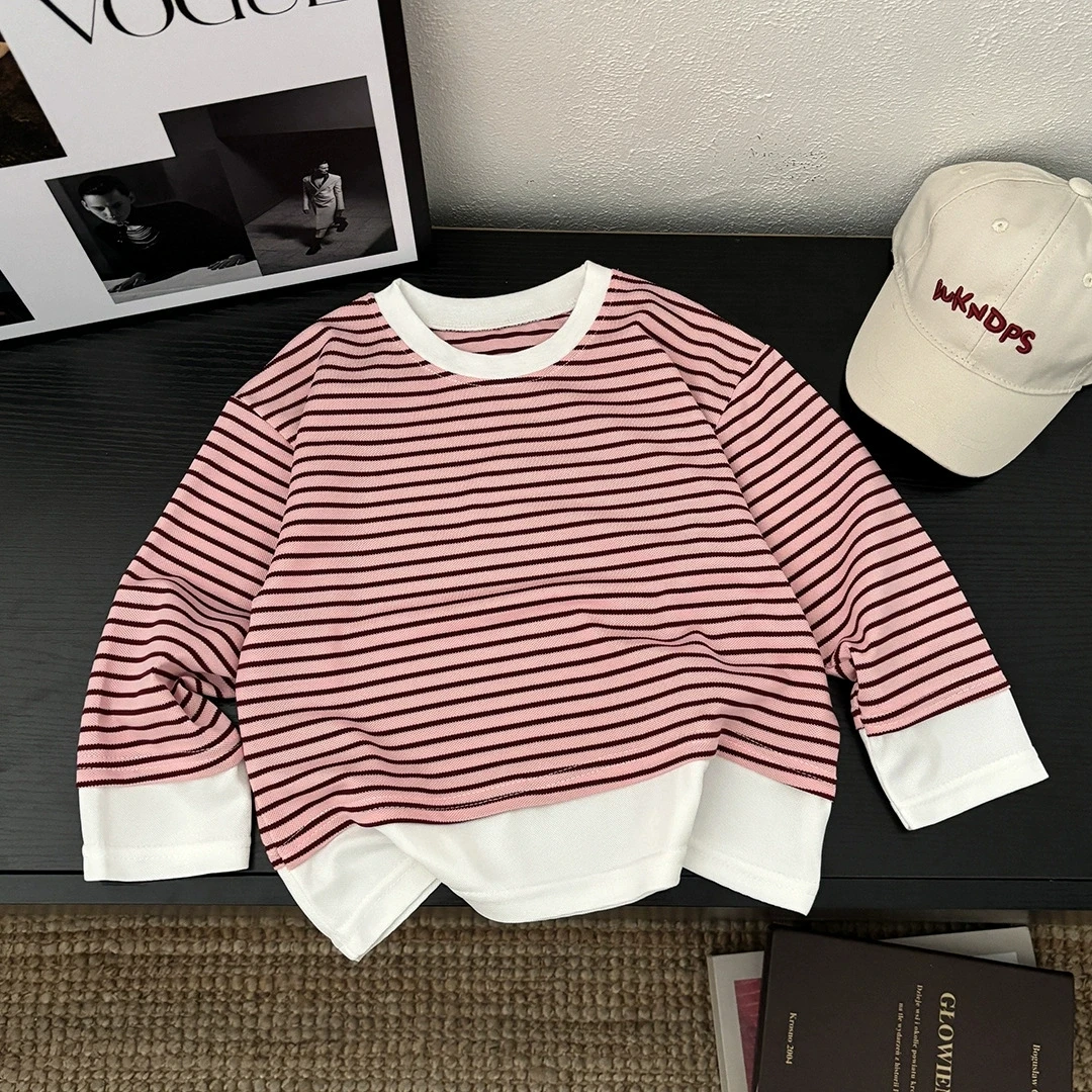 

Kids Striped Long Sleeve Sweatshirt, Boys Girls Fake Two Piece Crew Neck Top, Children's Casual Loose Pullover for Spring Autumn