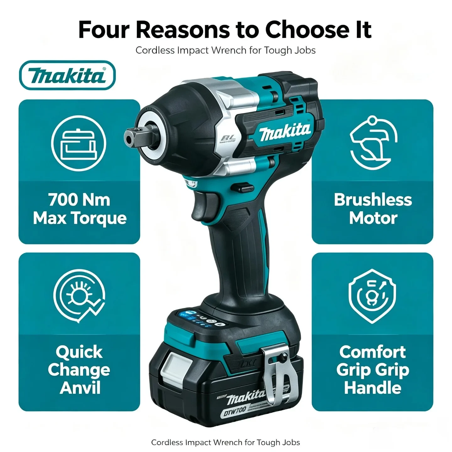 Makita DTW700 1000Nm Akku-Schlagschrauber 18V Bürstenloser Hochdrehmoment-Elektroschrauber Variable Geschwindigkeit Auto-Stopp Batterie-Kit