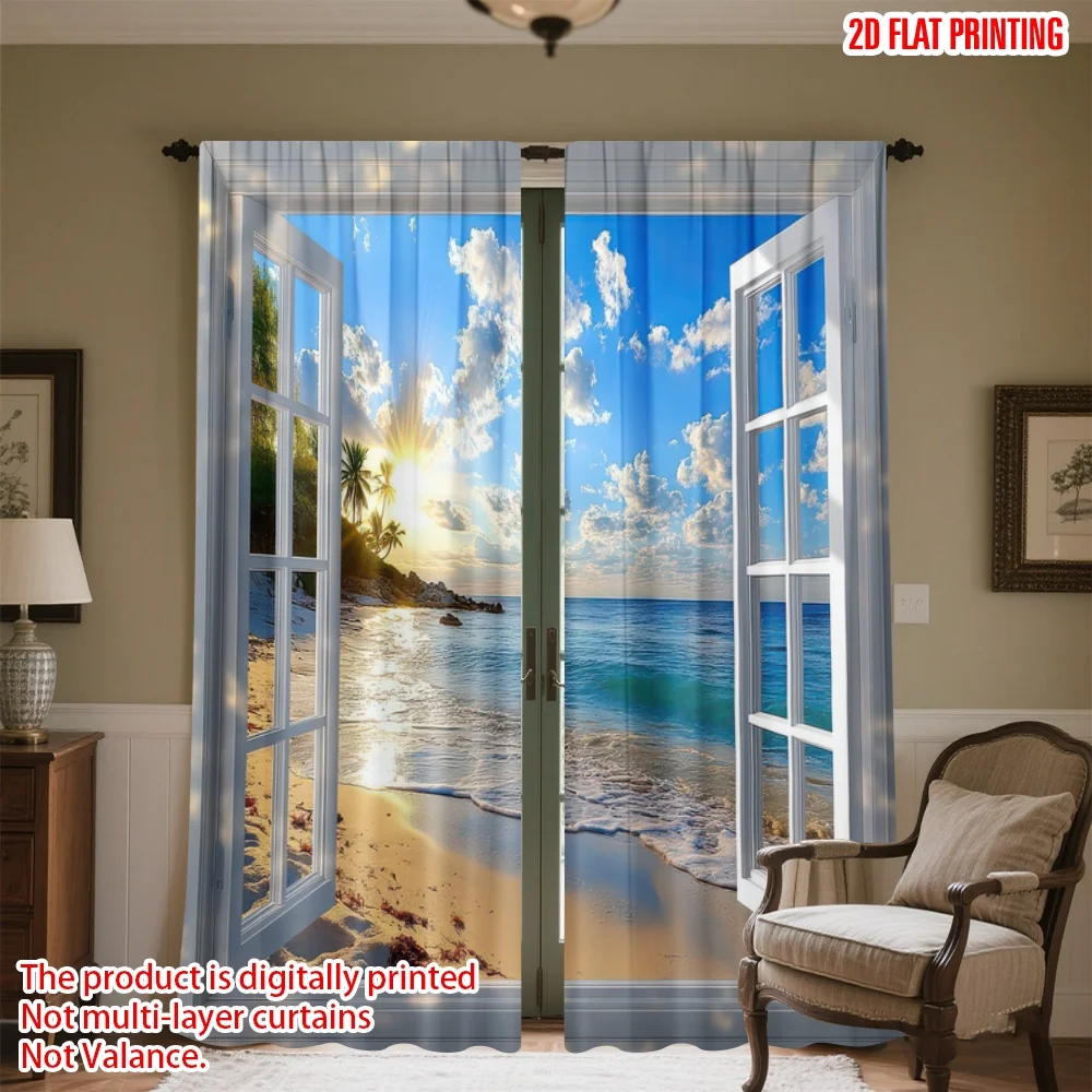 

2D flat printing 2pcs Curtain Open Beach View Digital Printed Polyester Drapes All Season Party & Holiday Decor for Art Party