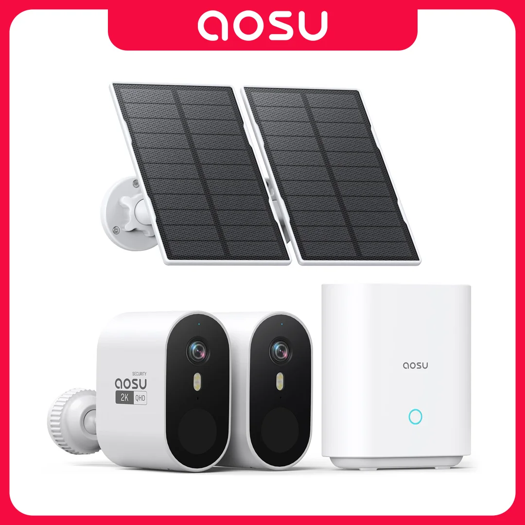 AOSU 3MP 2 Cam Kit พลังงานแสงอาทิตย์ WiFi กล้องระบบแบตเตอรี่ในตัวสี Night Vision Wireless Home Security กล้องชุด 2-Way Talk