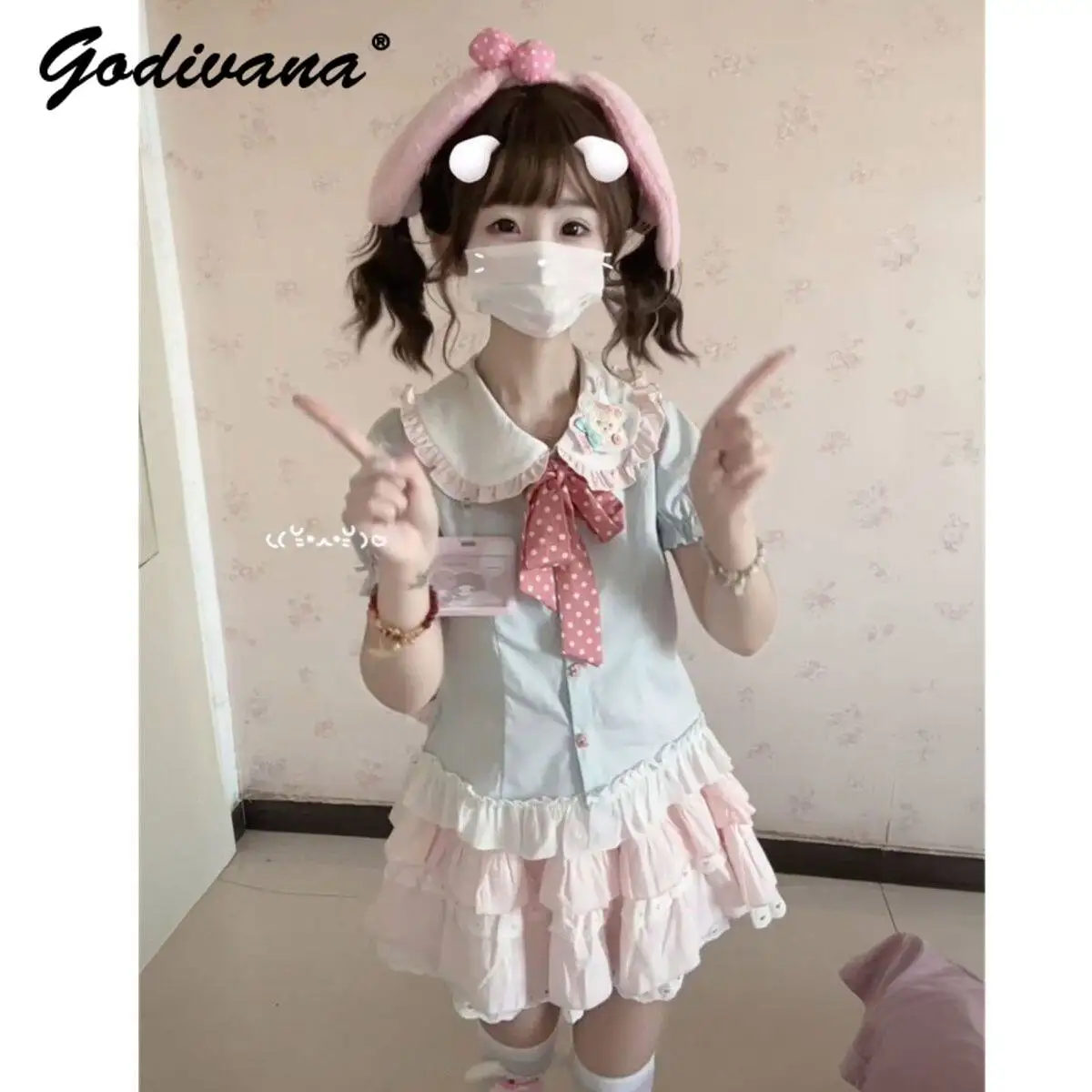 

Летний комплект для девочек Sweet Girls Summer Dopamine: синий топ с пышными рукавами и воротником Питер Пэн и розовая многослойная юбка с кружевными оборками и высокой талией