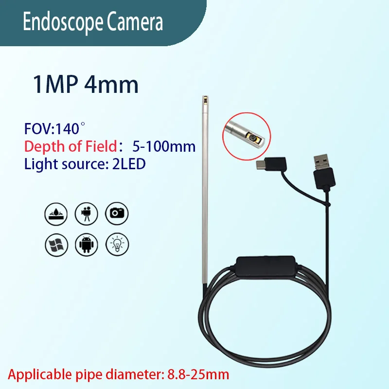 1MP 4mm FOV 140° Long Tube Side View Wide Angle Endoscope Camera for Pipeline Inner Wall Inspection 2m USB Type-C 3 in 1 Soft Wi