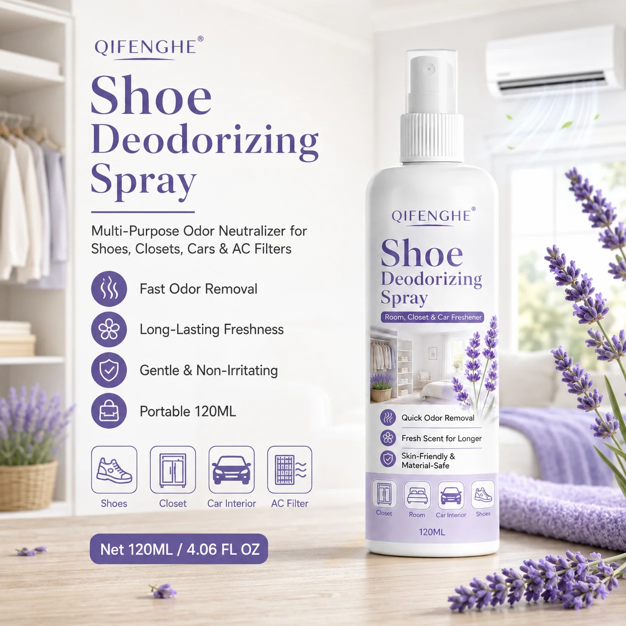 Lavender Shoe Deodorizing Spray 120ml - Multi-Purpose Odor Neutralizer for Shoes, Closets, Cars & AC Filters