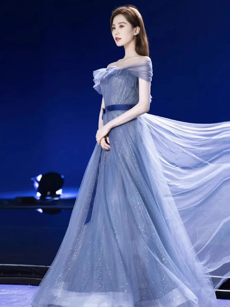 

Elegant Blue One-Shoulder Evening Gown Starry Theme Hostess Adult Ceremony Women's Art Exam Annual Meeting Short Sleeve L...