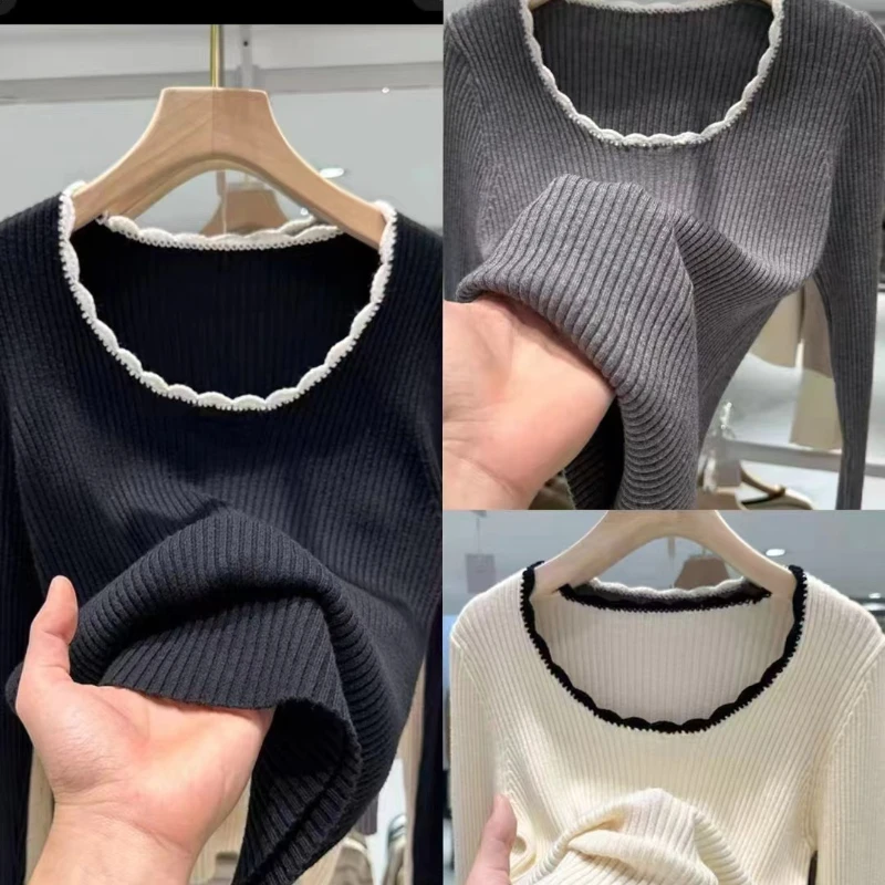 

Вязаный свитер в стиле ретро с цветными блоками для женщин, осенний новый стиль, элегантный темпераментный облегающий свитер, одежда, топ