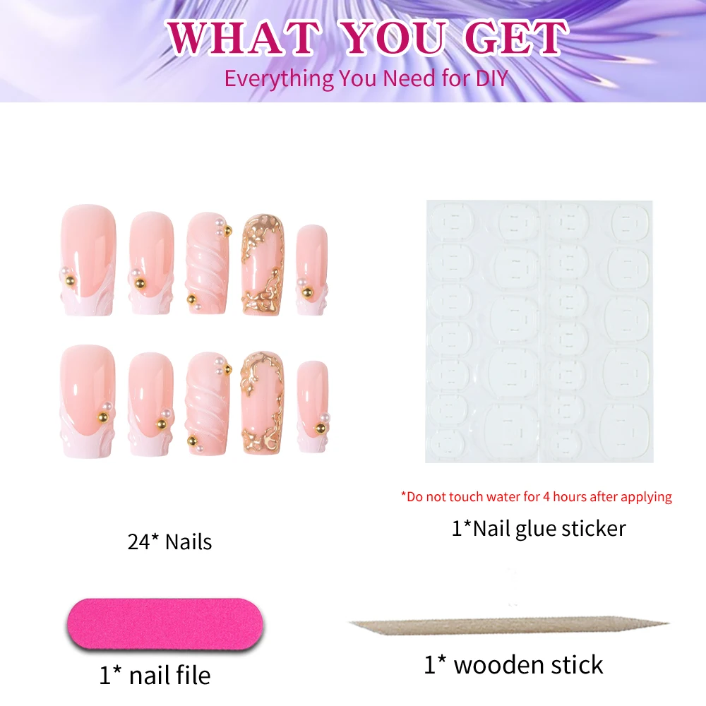 24 pieces per set. Rectangular 3D gel flower white gradient style pressed nails. Ideal for spring and summer manicures. view 4