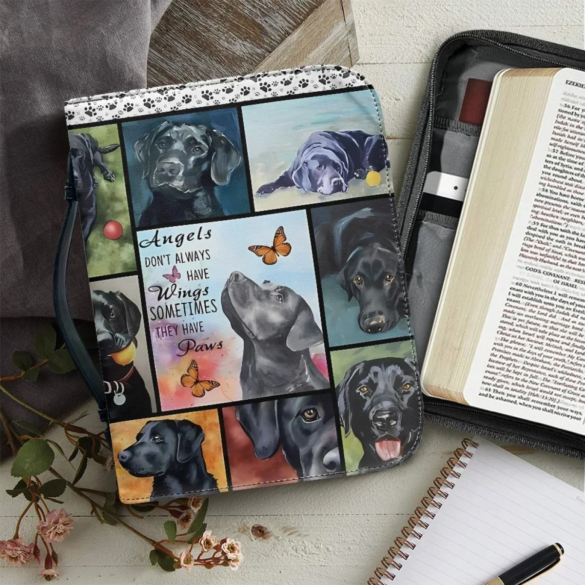 Women's Leather Handbag Zippered Cute Teddy Dog Blessing Words Design Handle Bible Storage Bags Bible Carrying Case Custom Gift