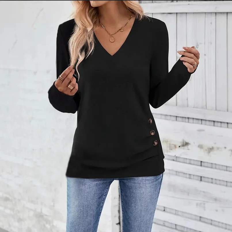 V-neck Side Button Long-sleeved Spring Summer Versatile Solid Color Slim Office Commuter Top Women's Knitted Comfortable T-shirt