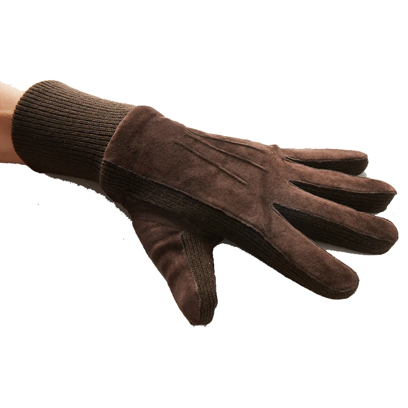 Suede Glove Men Winter Knitted Rib Tightening Mouth Pigskin Mitt Male Plus Velvet Thickened Riding Motorcycle Long Warm Luvas