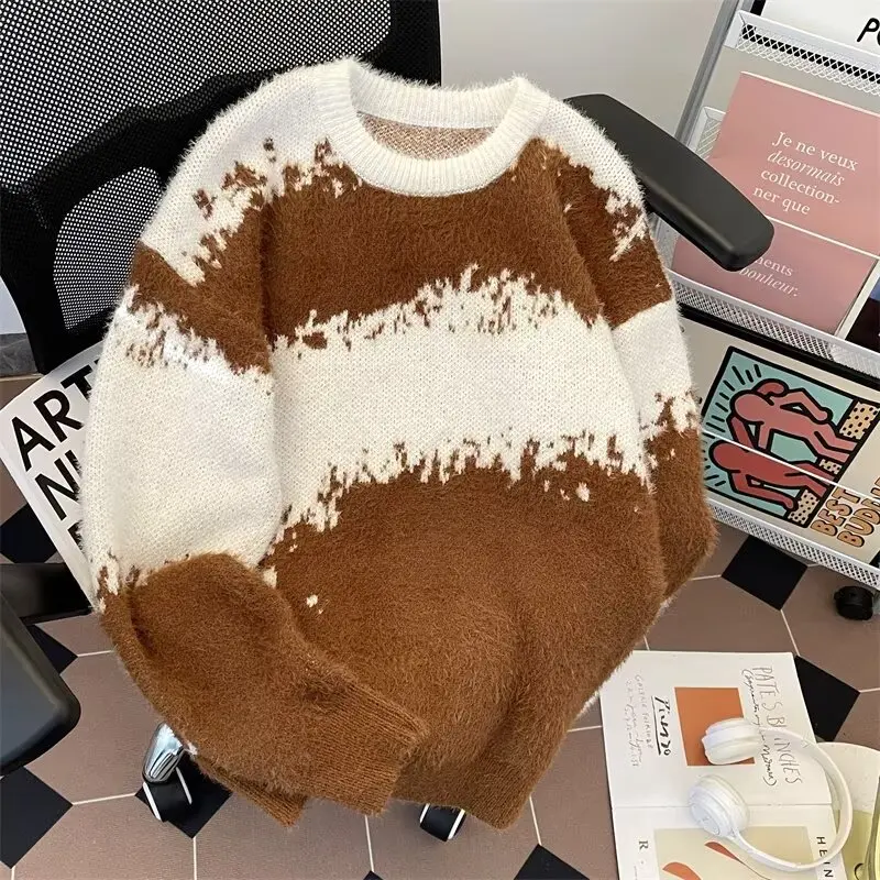 

Мужской свитер в американском стиле ретро Color Blo Lazy Sle, вязаный из норки, свободная осенне-зимняя верхняя одежда, повседневная мода