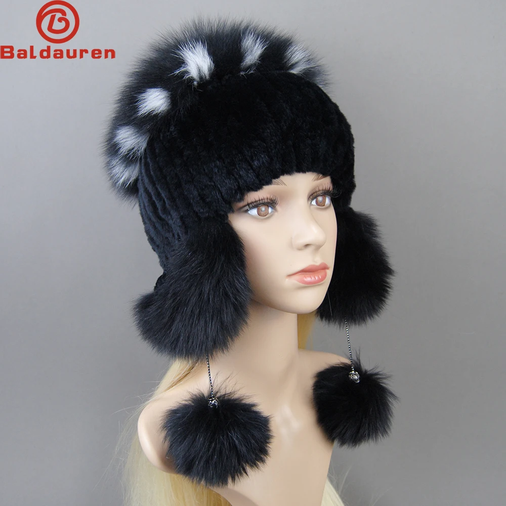 Elastic Knitted Rex Rabbit Fur Beanies Handmade Real Fur Hat with Fox Fur Ears Genuine Fur Snow Cap Bonnets for Women Designer