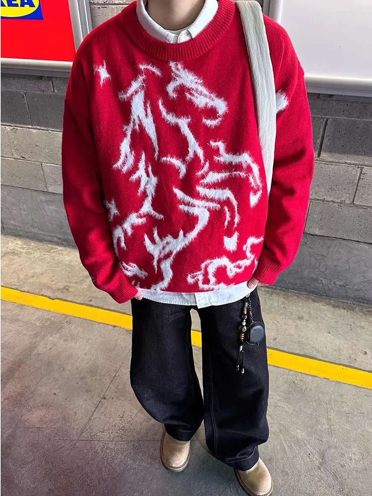 

Красный вязаный свитер с вышивкой и круглым вырезом для мужчин, зимняя базовая рубашка, элегантный и комфортный стиль, кашемир, мягкий, повседневный, для студентов и молодежи