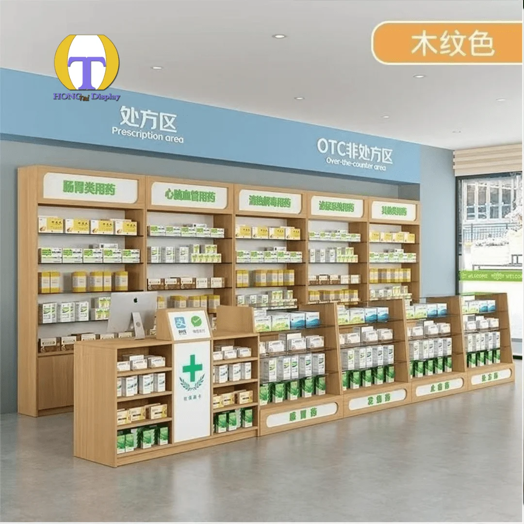 Rak Display Toko Medis Custom Desain Modern Kabinet Dinding Rak Apotek Desain Rak Baki Obat