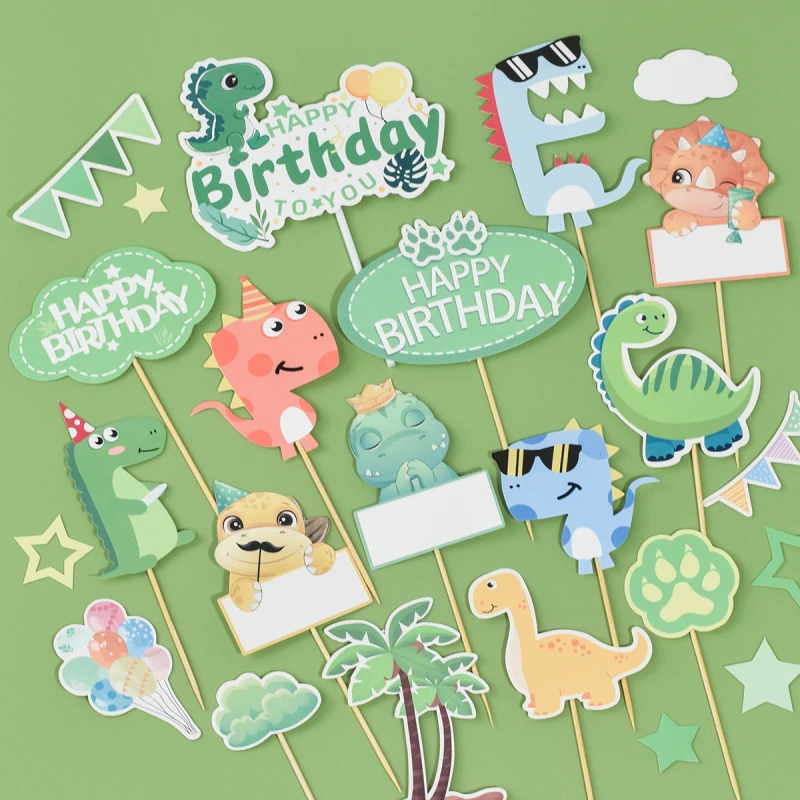 Dinosaur Cake Topper Flag Kids Happy Birthday Tyrannosaurus Rex Wedding Cupcake Toppers Baking Beauty Baby Shower Cake Decor DIY